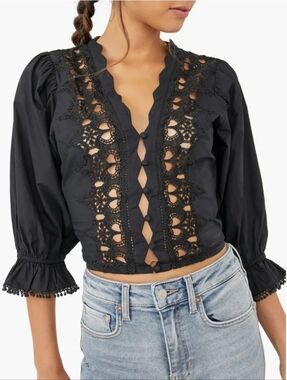 Free People Women's Louella Embroidered Top in black